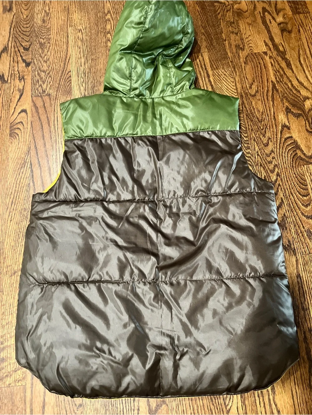 Rocawear Classic Sleeveless Puffer Vest with Hood in Olive, Brown, and Yellow